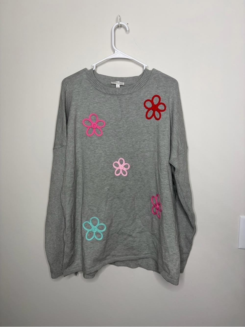 Gray Floral Appliqué Sweatshirt - Pink & Red embroidered flower